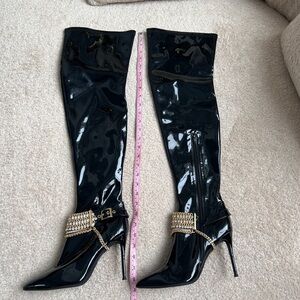 Brand New Jeffrey Campbell Black Patent Over the Knee Boots with Gold Chain